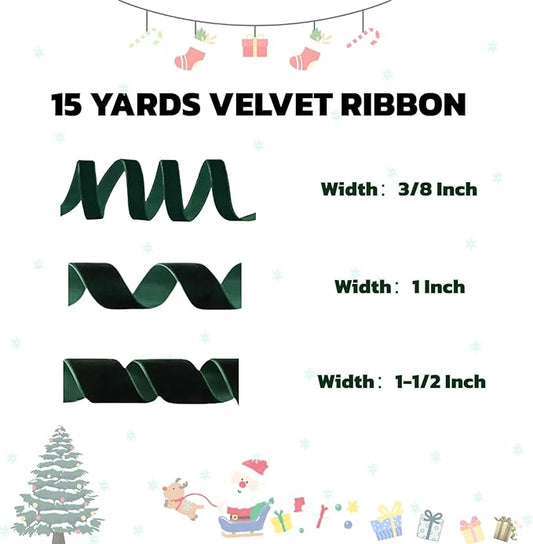 15 Yards Velvet Ribbon 3/8 Inch Single Face Green Velvet Ribbon Spool Prefect for Holiday Wedding, Ribbons for Gift Wrapping, Christmas Tree Ornaments Wreath Hair Bows, Ribbons for Crafts
