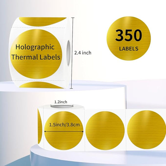 1.5" Holographic Direct Thermal Label Stickers, Round Printable Rainbow Glitter Thermal Printer Sticker Labels for Gift Wrapping, Self-Adhesive DIY Custom Logo Design- Gold