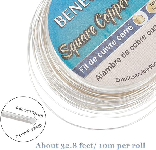 BENECREAT 32.81 Feet 24 Gauge Silver Square Copper Wire, Craft Copper Wire Tarnish Resistant Jewelry Material for Jewelry Making