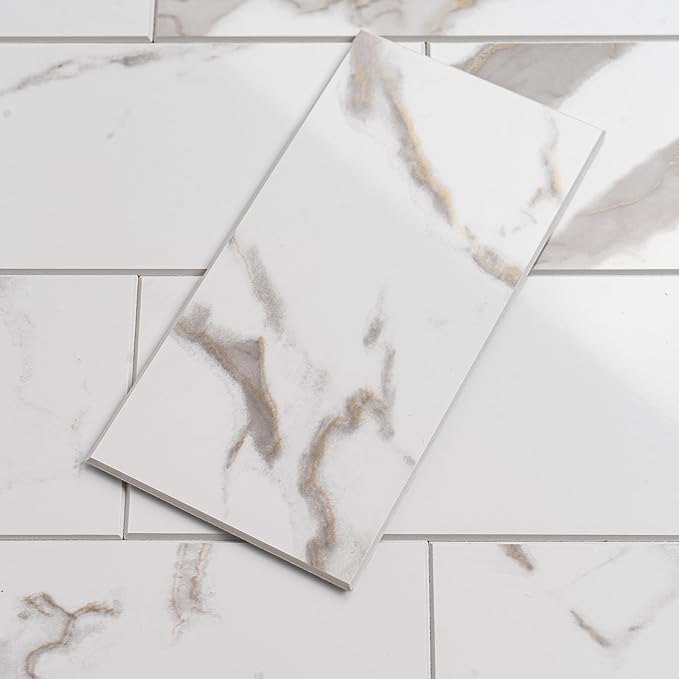 100 Pieces Peel and Stick Backsplash for Kitchen, 3" x 6" PVC Subway Tile 2026 Upgraded White Marble with Gold Accent Backsplash Stick on Tile Elevate Kitchen Fireplace RV