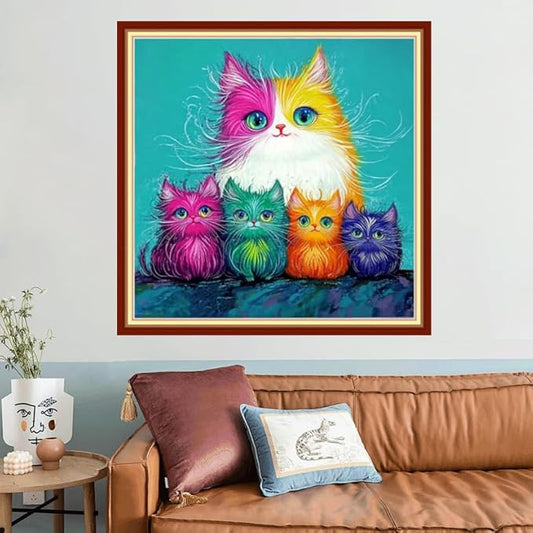 Foxhool Beginners Cross Stitch Kits Stamped Full Range of Embroidery Kits for Adults DIY Cross Stitches kit Embroidery Patterns for Needlepoint kit-Colorful Cat Family 18x18 inch