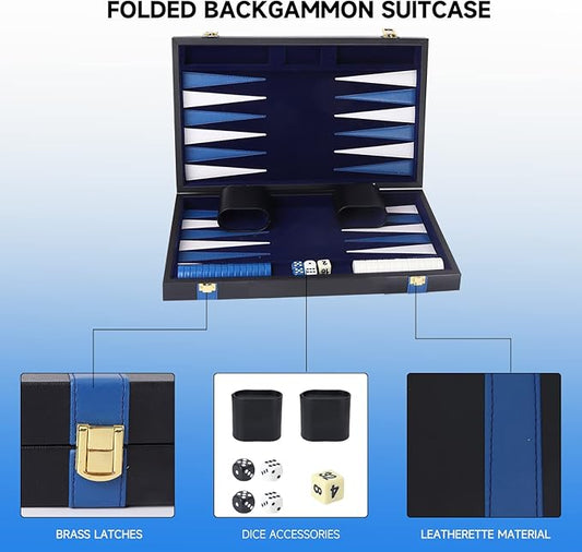 GSE Games & Sports Expert Premium Leather Backgammon Board Game Set, Classic Backgammon Game Set with Leather Case, Travel Folding Board Game (Black&Blue, Small)