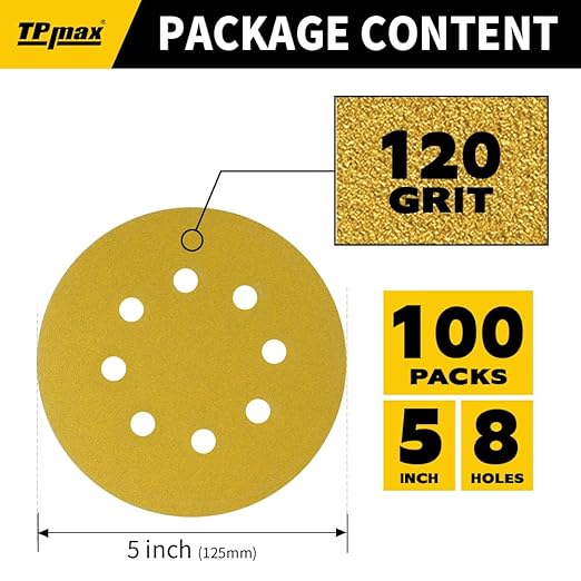 100PCS 5 Inch 120 Grit 125mm 8 Hole Sanding Discs Sandpaper - Premium Gold Round Hook and Loop for Random Orbital Sander - Ideal for Wood, Metal, Automotive