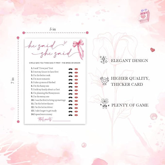 Wedding Shower Games Cards, Guest Who Said It, He Said She Said Game Cards, Bridal Shower Games 25 Guests, Engagement Party Wedding Games for Guests, Pink Ribbon Bow Wedding Party Supplies - E07