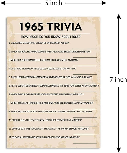 QUPT 60th Birthday Party Games, 1965 Trivia Games, Birthday Party Supplies for Adults, Fun 1965s Party Game,Pack of 30 Cards