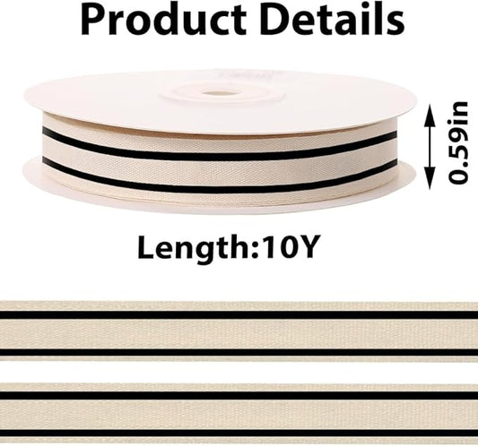 10 Yards × 3/5 Inch Black Natural Cotton Ribbon, Double Sided Webbing Straps Ribbons, Birthday Wedding Valentines Ribbons for Crafting, DIY Sewing, Gift Wrapping