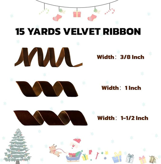 15 Yards Velvet Ribbon 1-1/2 Inch Single Face Brown Velvet Ribbon Spool Prefect for Wedding, Ribbons for Gift Wrapping, Christmas Tree Ornaments Wreath Hair Bows, Ribbons for Crafts