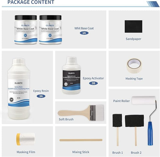 GLAINTE Bright White Marble Countertop Paint Kit Epoxy Countertop Refinishing Paint for Kitchen Bathroom Cover 38 Sq.Ft