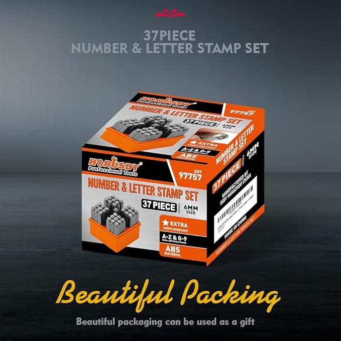 HORUSDY 37-Piece Number and Letter Stamp Set 1/4 (6mm) (A-Z & 0-9 + Stars) Punch Perfect for Imprinting Metal Stamping kit, Plastic, Wood, Leather