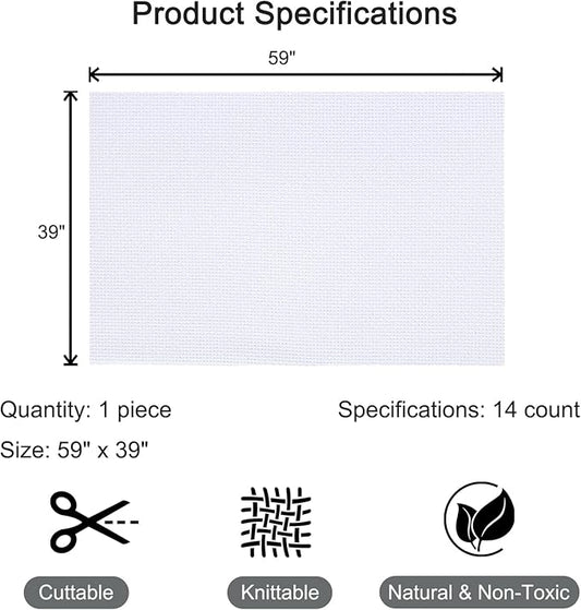 HexaHive Aida Cloth 14 Count Cross Stitch Fabric - 59 by 39 Inch Large Size Water Soluble Cross Stitch Canvas for Home DIY Embroidery Decoration Supplies (14CT, White)