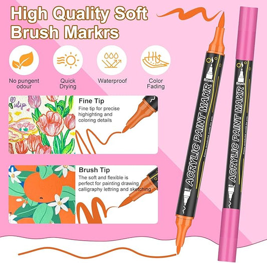 144 Colors Dual Tip Acrylic Paint Markers,Waterproof, Non-Toxic, Odorless Acrylic Markers Pens,Paint Pens & Paint Markers for Rock, Wood, Glass, Stone, Canvas, Ceramic, Fabric and Paper Painting