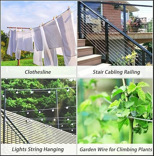 1/8 Inch Stainless Steel Wire Rope Cable Kit,100 ft Length 1/8“ Wire Cable 7x7 Strands with Sleeves, Thimbles, Clips, for Climbing Plants, Deck Railing, Fencing, Outdoor Hanging