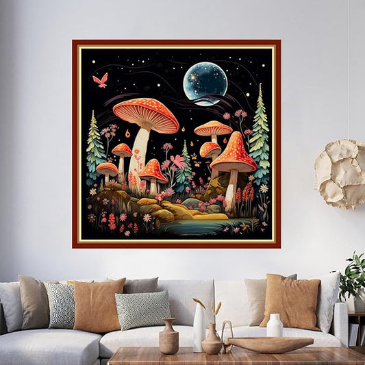 Foxhool Beginners Cross Stitch Kits Stamped Full Range of Embroidery Kits for Adults DIY Cross Stitches kit Embroidery Patterns for Needlepoint kit-Colorful Mushrooms 17.7x17.7 inch