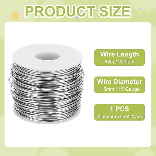 MECCANIXITY 15 Gauge Anodized Aluminum Craft Wire Bendable Bonsai Training Wire 223 Feet 1.5mm for Sculpting Crafts Wreath Floral Beading Jewelry Making, Silver Tone