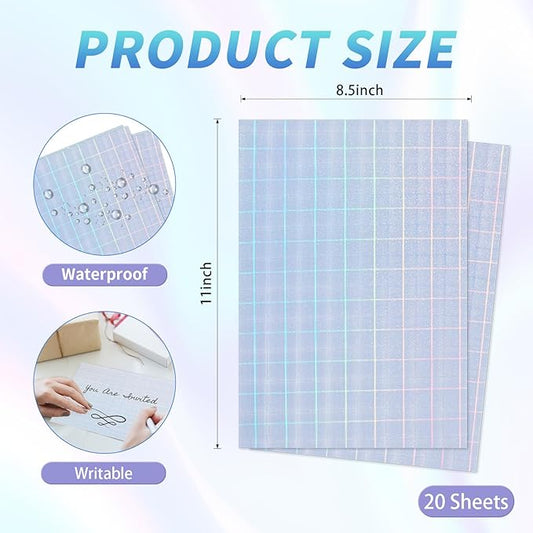20 Sheets Printable Holographic Sticker Paper,11 x 8.5 Inches Printable Waterproof Paper Rainbow Vinyl Sticker Paper for Inkjet or Laser Printer(Laser square)