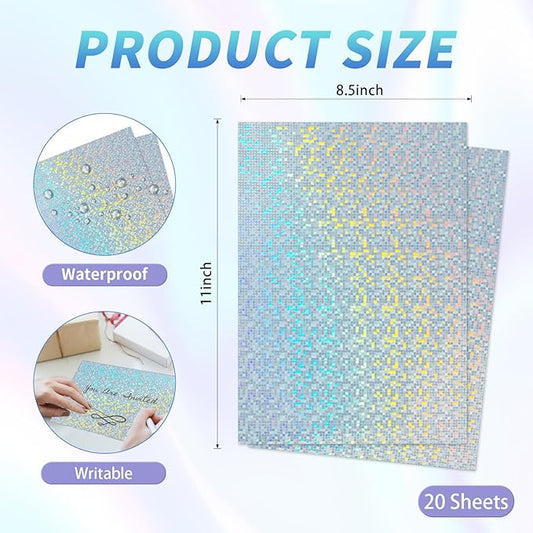 20 Sheets Printable Holographic Sticker Paper,11 x 8.5 Inches Printable Waterproof Paper Rainbow Vinyl Sticker Paper for Inkjet or Laser Printer(Laser bubble pattern)