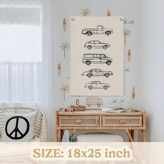 Toddler Boy Room Decor, Vintage Car Linen Canvas Banner, Retro Car Room Decor Wall Hanging Flag Banner for Little Boy Bedroom,Playroom Nursery 18x25 Inch