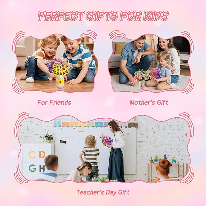Mostop Crafts for Kids Ages 6-10, DIY Flower Bouquet Craft Kit with Buttons,Felt Flowers and 2 Vase, Poke in Arts and Crafts Birthday Gift Present for 6 7 8 9 10 Year Old Girls Flower Making Kit