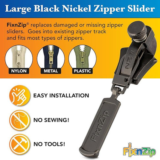 FixnZip (Large, Black Nickel) - See Size Guide - Universal Zipper Repair Kit for Wetsuits, Luggage, Zipper Replacement Repair Kit - Instant Zipper Fix