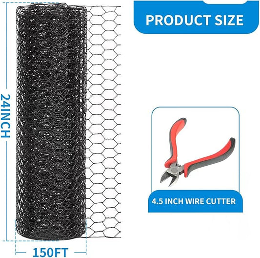 24'' x 150' Black Chicken Wire Mesh Fence, 20 Gauge Galvanized Poultry Netting and 1 inch Garden Mesh Fence Roll, Chicken Wire for Floral Arrangements/Crafts/Farm/Livestock/Pet Protection