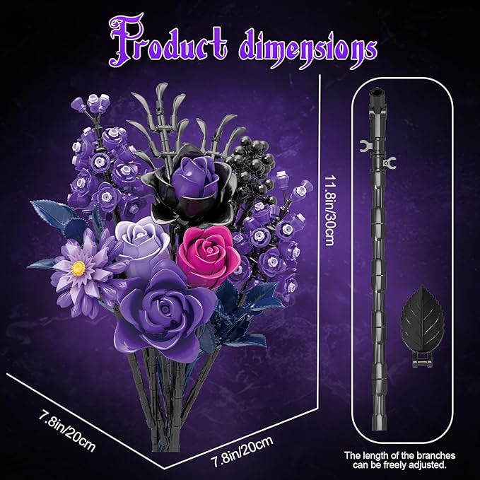 Gohero Purple Roses Building Blocks Set (822PCS) - Lego Compatible Flowers for Adults, Gothic Home Decor, for Women & Teen Girls, Making It an Ideal Gift for Halloween, Valentine's Day.