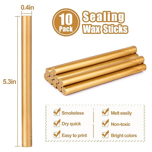 Glue Gun Sealing Wax Sticks for Wax Seal Stamp - Metallic Gold, Great for Wedding Invitations, Cards Envelopes, Snail Mails, Wine Packages, Christmas Gift Ideas, Pack of 10