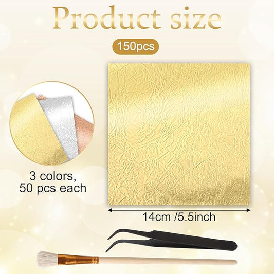 150 Pcs Gold Leaf Sheets for Art 3 Colors Gold Foil Sheets 5.5" X 5.5" Golden Flakes with Tweezer and Brush for Arts Gilding Crafting Painting Furniture Decoration Golden Silver Rosegold