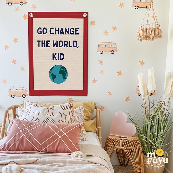 Classroom Decor,Motivational Wall Decor,Go Change the World Kid Linen Canvas Banner,Playroom Wall Decor Hanging Flag for Playroom Bedroom Nursery Graduation Gifts 18x25 Inch