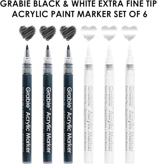 Grabie Black&White Extra Fine Tip Acrylic Paint Marker Set, 6 Pack, 0.7mm Acrylic Paint Pens for Highlights, White Highlight Markers