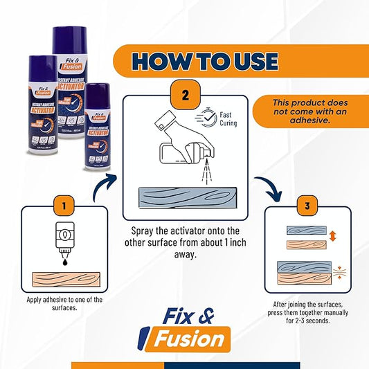 FIX & FUSION Activator Spray (13.5 Fl Oz), Instant Cure Accelerator for Cyanoacrylate (CA) Super Glue for Wood, Plastic, Rubber, Granite, and DIY & Professional, Accelerates Bonding Strength, (2 Pack)
