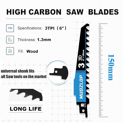 1 Pack 6 inch Reciprocating Saw Blades Set, 3 TPI High Carbon Saw Blades for Woodcutting,Saw Blades with Organizer Case (1, 3T/6inch)