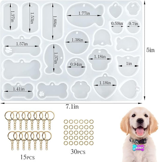 Actvty Pet Tag Resin Mold Silicone, Dog Tag Molds for Resin, Dog Bone Cat Shaped Keychain Silicone Resin Molds with 15Pcs Keychains DIY Crafts Making Tag Charm Pendant