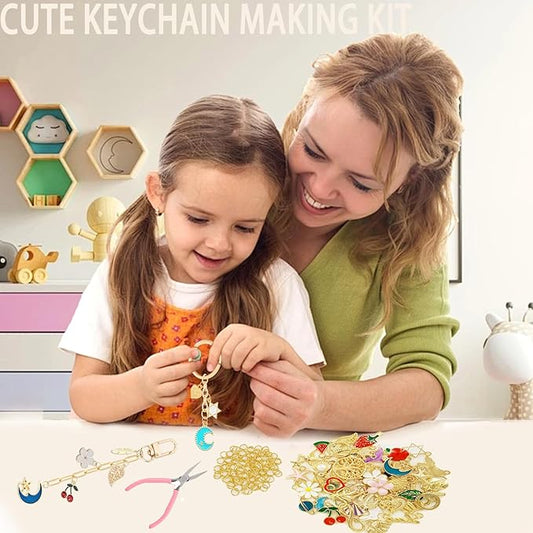MORWLAT 281 PCS Gold DIY Keychain Making Kit Cute Bag Charm Kit 60 Charms 8 Keychain Clips with Key Ring Swivel Snap Hook Lobster Claw Clasps 200 Jump Ring Jewelry Plier DIY Set Women Craft (60)
