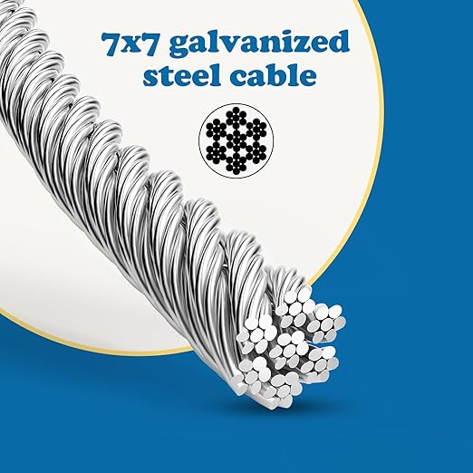 Galvanized Steel Wire Rope Cable, 3/16” Galvanized Steel Cable with Rope Clamp and Thimble, 7X7 Strand Core Aircraft Cable Used for Anchored Shed, Fencing, Sunshade, Clothesline (50ft)