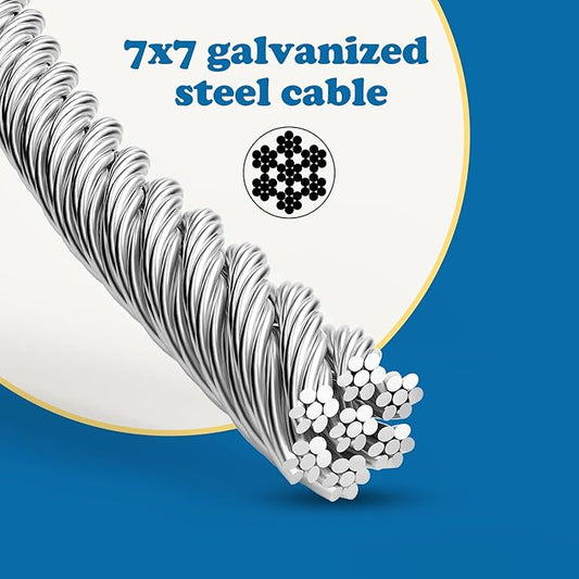 Galvanized Steel Wire Rope Cable, 1/8” Galvanized Steel Cable with Rope Clamp and Thimble, 7X7 Strand Core Aircraft Cable Used for Anchored Shed, Fencing, Sunshade, Clothesline (50ft)