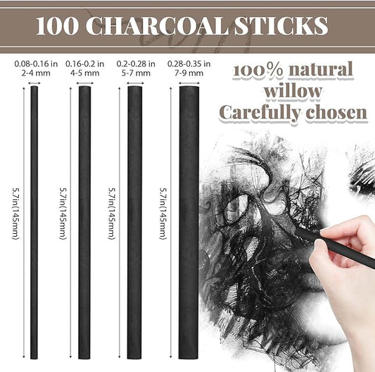 Gueevin 100 Pcs Willow Charcoal Sticks, Willow Charcoal, Artists, Beginners, Students, Perfect for Sketching, Drawing, Shading, and Fine Art Christmas Gifts for Art (2-4mm,4-5mm,5-7mm,7-9mm)