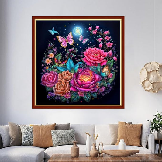 Foxhool Beginners Cross Stitch Kits Stamped Full Range of Embroidery Kits for Adults DIY Cross Stitches kit Embroidery Patterns for Needlepoint kit-Colorful Butterfly Flowers 17.7x17.7 inch