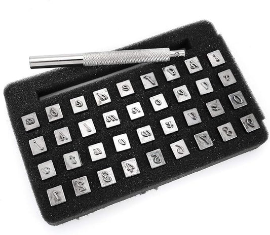 Yoption 37 Pieces Leathercarft Stamping Tool Set, 26 Letters Alphabet & 10 Numbers Stamps Steel Punch Tool 3mm+1 Stamping Handle for Leather Craft