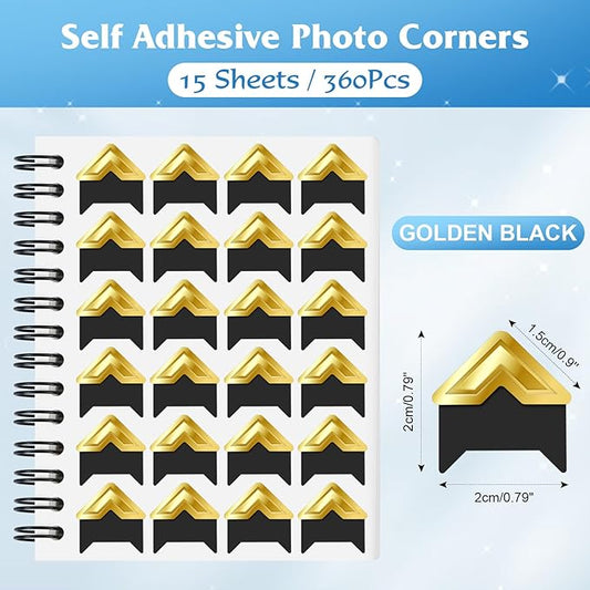 GOONAVI 15 Sheets 360 PCS Golden Black Acid-Free Photo Corners Notebook, Self-Adhesive Corners for DIY Album Journal, Corner Stickers for Trip Memory Book