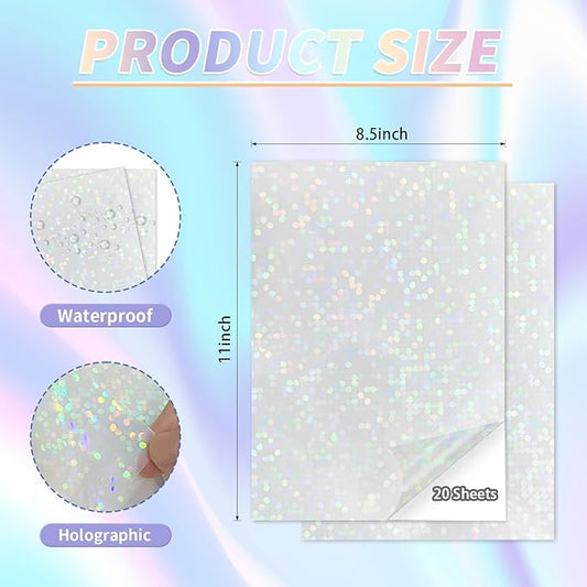 20 Sheets Holographic Sticker Paper,8.5x11 Inch Clear Printable Vinyl Sticker Papers,Self-Adhesive Waterproof for Inkjet/Laser Printer(Clear Dots)