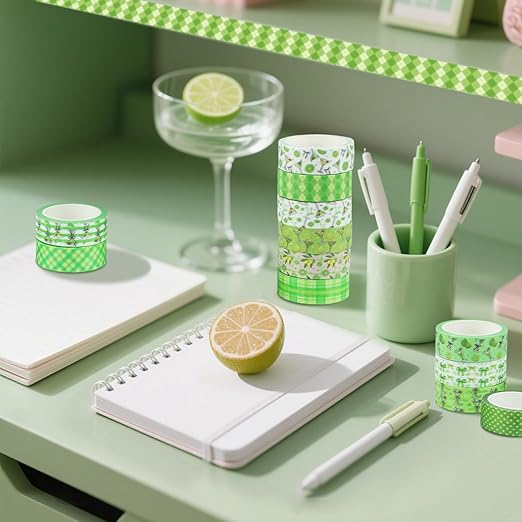 12 Rolls Greenery Washi Tape, Martini Bow Lemon Masking Tape, Checkered Martini Glass Decorative Sticker for Summer Party Afternoon Tea Scrapbook Journal DIY Craft Gift Wraps 16.4FT