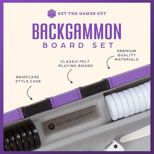 Get The Games Out Backgammon Set, Classic Board Game Case, 2 Players, Includes Strategy & Tip Guide, Perfect for Parties and Family Game Nights -Small, Purple