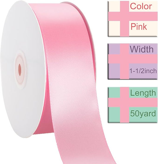 1-1/2 Inch Pink Ribbon, 50 Yards Craft Polyester Satin Ribbon Perfect for Gift Wrapping, Handmade Roses, Wedding Party Decorations and DIY Crafts