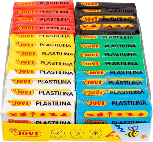 Jovi - Plastilina Pack, Reusable and Non-Drying Modeling Clay, 24 1.75oz. Plasticine Bars, 100% Vegetable-Based, 6 Basic Colors Assortment, Gluten-Free, Non-Toxic, Great for Home and School