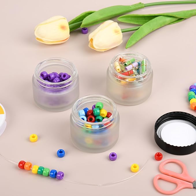Glass Jars with Lids,Eco-Friendly Cosmetic Containers with Airtight Black Lids & Liners, Multi-Color Options for Cream, Lotion, Body Butter, DIY Skincare Travel Jars (Clear Frosted, 2oz)