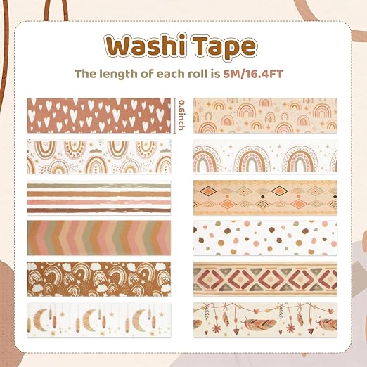 12 Rolls Washi Tape Set, Retro Boho Vintage Colored Rainbow Sun Stars Masking Tapes, Doodle Hand-Drawn Decorative Adhesive Tapes for Planners, Scrapbook, Journal, DIY Art Crafts, Gift Wrapping 16.4Ft