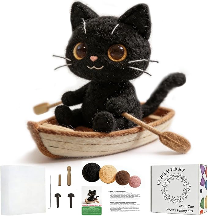 DIY Needle Felting Kit Black Cat in Rowing Boat – Needle Felting Starter Kit by FaceNFace