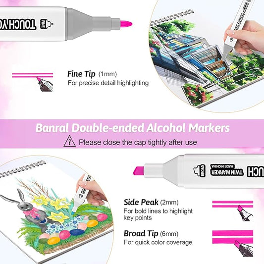 Banral 262 Colors Dual Tip Alcohol Based Markers, Twin Sketch Art Marker Set for Artists Adult Coloring Drawing Sketching Card Making Illustration, Premium Brush Pens with Case