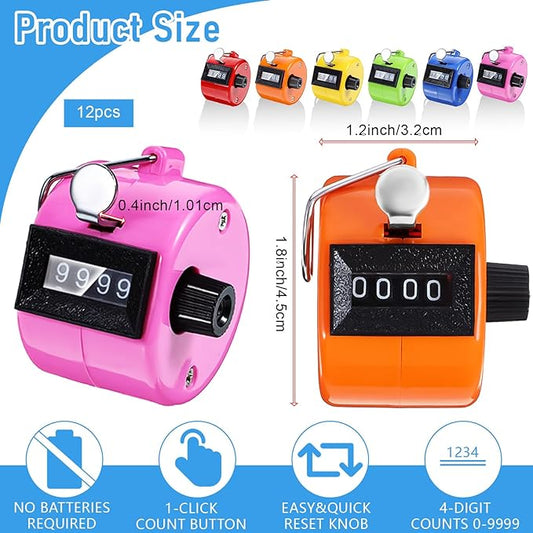 12 Pcs Handheld Tally Counter Digital, 4 Digit Number Hand Clicker Counter, Metal Mechanical Register for Coaching, Knitting, People, Golf and Row, Handheld Clickers