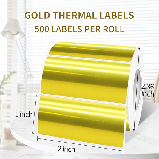 1" x 2" Gold Thermal Label Stickers,Waterproof Thermal Printer Sticker Labels for Gift Wrapping, Self-Adhesive Name Price Tag DIY Custom Logo Design (500 pcs,Gold)